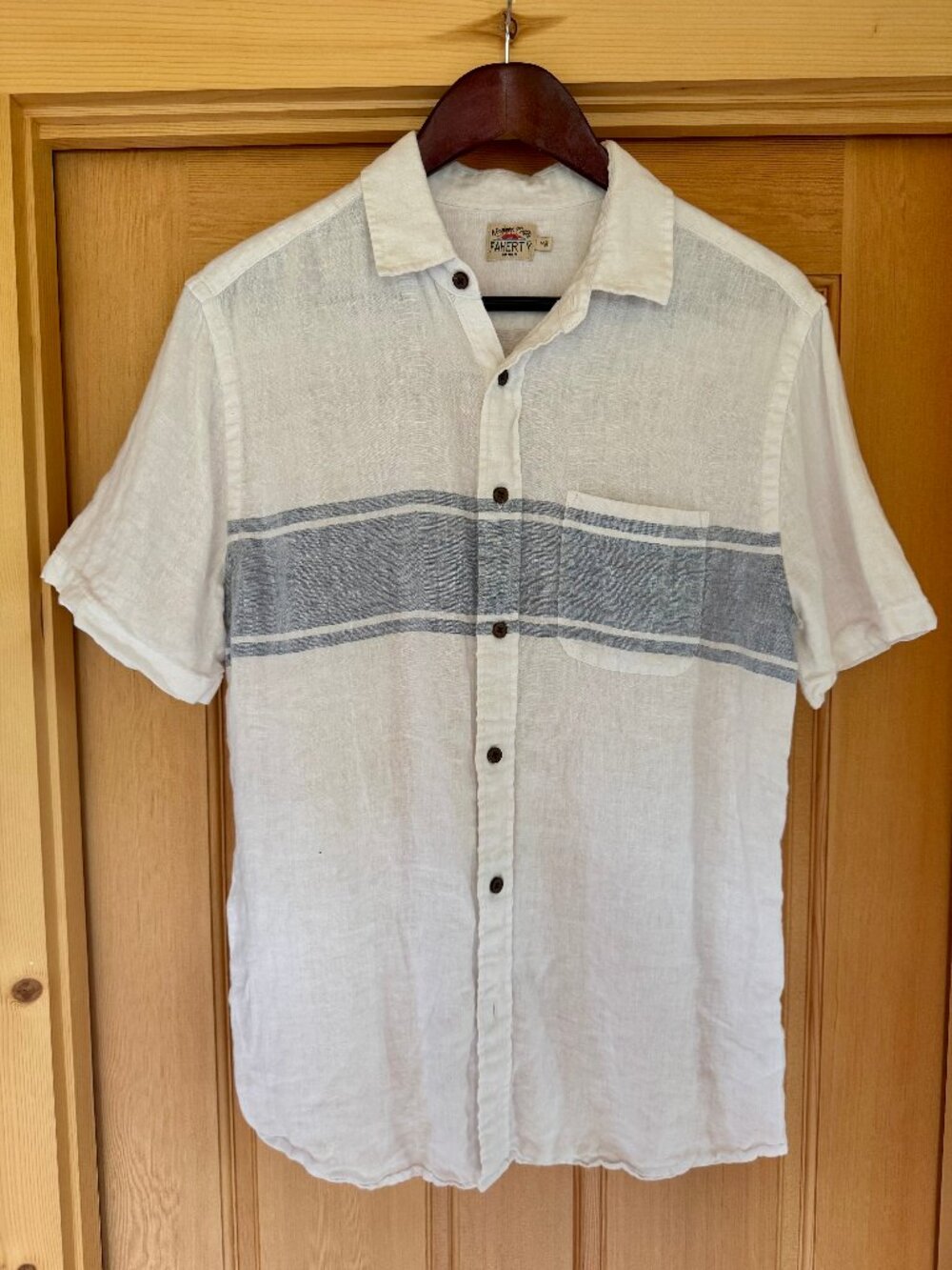 Faherty Short-Sleeve Surf Stripe Linen Laguna Shirt - White Surf Stripe - Medium